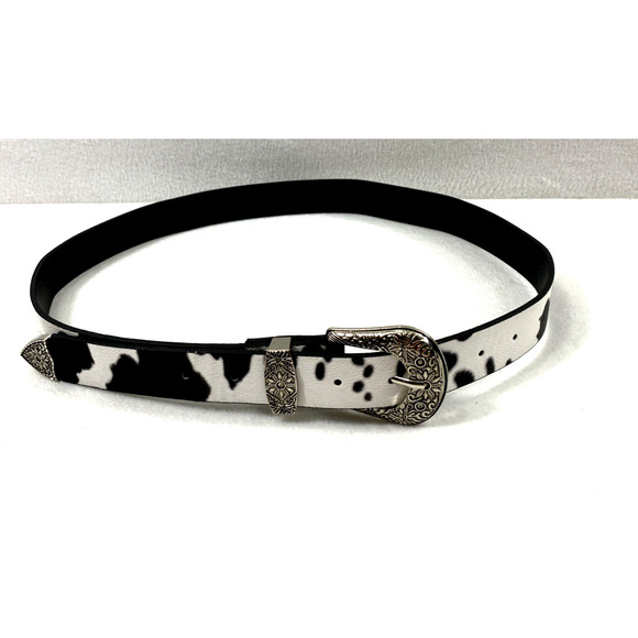 Womens Western Belt Faux‎ Cow Hide Print Cowgirl Ornate Silvertone Metal Buckle - Picture 1 of 7